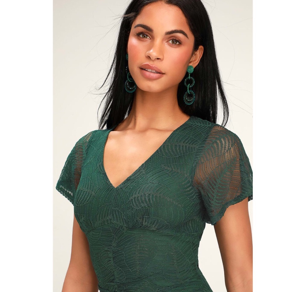 Lulus Lace Dress Bodycon Green Ruched - Picture 4 of 7